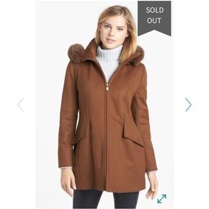 SACHI Genuine Fox Fur Trim Lambswool Blend Coat